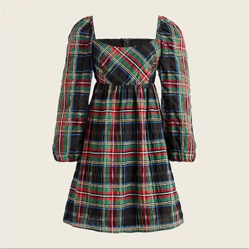 J CREW Puffed Sleeve Plaid Mini Dress Stewart Tartan Pockets Holiday Size 8 - Picture 2 of 14